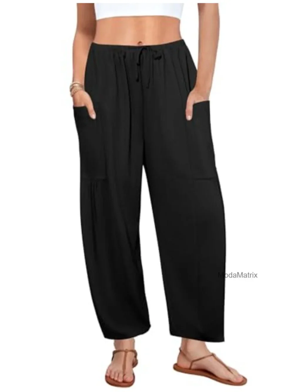 Flowy Wide Leg Pants Drawstring Palazzo Harem Trousers with Pockets - Nylon